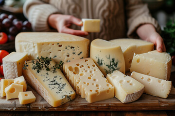 Wall Mural - Woman seller in cheese store stands in front of counter with different types of cheeses. Holds a piece of cheese in his hand. Close-up. Concept of advertising cheese factory, small business, farming.