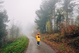 Fototapeta Boho - Alone in the misty forest, a young woman hikes along a foggy walkway, embracing the autumn adventure amidst yellowing trees in the national park.
