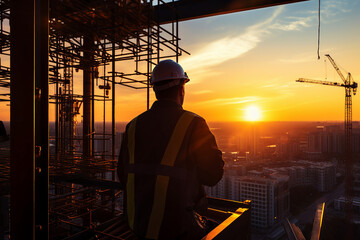 Sticker - Generative AI picture Portrait of construction worker wearing a protective safety uniform clothes helmet at big building