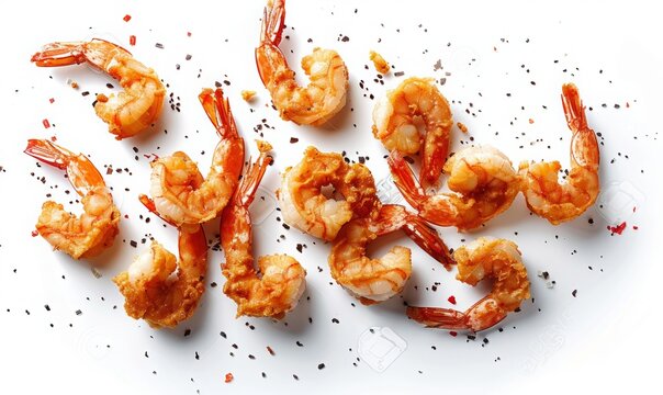 fried shrimps floating in the air, isolated on white background.