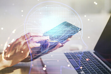 Poster - Double exposure of creative artificial Intelligence symbol with finger clicks on a digital tablet on background. Neural networks and machine learning concept