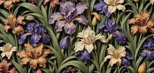 relief wallpaper depicting a pattern of various flowers, berries and leaves. harmonious illustration