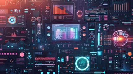 Poster - Abstract technology chip processor background circuit board and html code,3D illustration blue technology AI generated