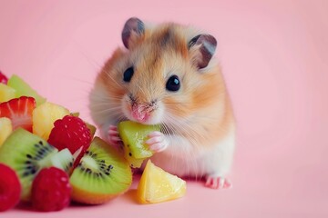 Sticker - Adorable hamster enjoying a fruit salad on a pink background