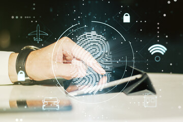 Aufkleber - Double exposure of abstract creative fingerprint hologram with finger clicks on a digital tablet on background, research and development concept