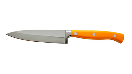 A knife with an orange handle placed on a clean white surface