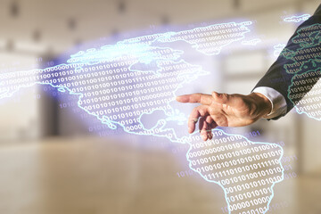 Poster - Man hand clicks on digital map of North America hologram on blurred office background, global technology concept. Multiexposure