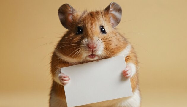 hamster holding a white blank poster, minimal, cute animal with a sign or mock-up card