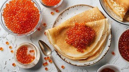 Sticker - Thin Pancakes and Crepes with Red Caviar on a White Table