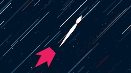 Poster - Artistic brush symbol flies through the universe on a jet propulsion. The symbol in the center is shaking due to high speed. Seamless looped 4k animation on dark blue background with stars