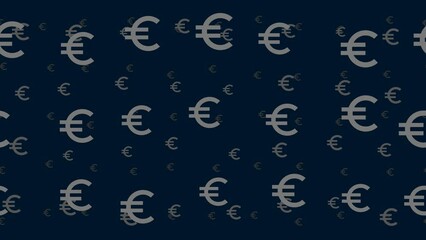 Poster - Euro symbols float horizontally from left to right. Parallax fly effect. Floating symbols are located randomly. Seamless looped 4k animation on dark blue background