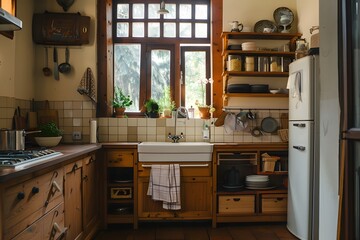 cozy kitchen with warm wood cabinetry and a farmhouse sink.