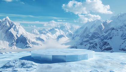 Poster - 3D ice podium in a snowy mountain landscape with a clear blue sky, perfect for product displays