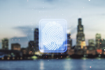 Aufkleber - Multi exposure of virtual graphic fingerprint sketch on blurry skyscrapers background. Fingerprint scan data concept