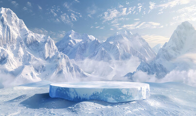 Poster - Ice podium in a winter wonderland with towering mountains, snow, and a tranquil, cold atmosphere, ideal for product display