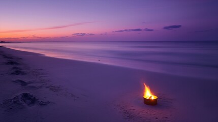 Wall Mural - A beach at twilight, the sky in shades of purple and pink, with a lone fire pit glowing warmly on the sand, inviting a peaceful evening by the sea.