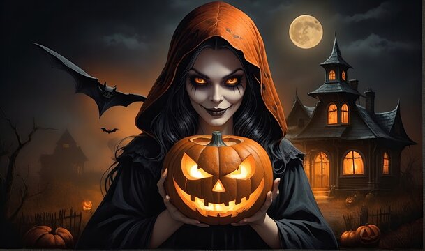 Halloween jack o lanterns and witch on various creepy background
