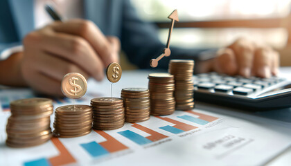 Aufkleber - Close-up of stacked coins with rising heights, topped with percentage signs and upward arrows, symbolizing financial growth. A business person uses a calculator
