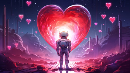 Astronaut standing in front of a large glowing heart on an alien planet. Digital artwork. Valentine's Day and love concept for design and print.