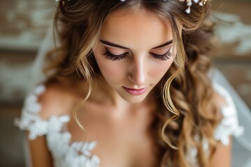 Portrait of a bride in her wedding dress, looking down with a gentle expression