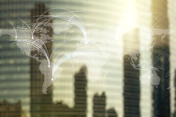 Poster - Double exposure of abstract digital world map hologram with connections on modern skyscrapers background, research and strategy concept
