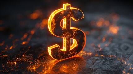 Poster - Dollar sign neon on dark background, copy space