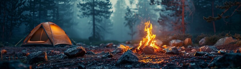 Camping fire with campfire in forest, tent and rocks in the background, summer camping trip adventure travel concept. Hiking activity near bonfires, nature landscape