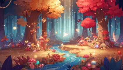 Wall Mural - A close-up view of an enchanted forest in a fantasy novel world, designed in a flat, animated style. The scene captures the vivid colors 