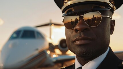 Poster - African american pilot with sunglasses in uniform, captain of commercial jet airplane, standing at airport ready for corporate airline flight