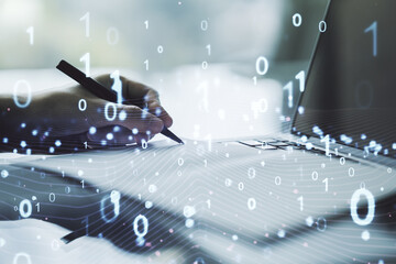 Aufkleber - Creative concept of binary code illustration and hand writing in notebook on background with laptop. Big data and coding concept. Multiexposure
