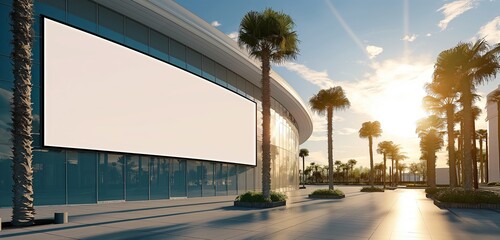 Wall Mural - A blank, curved billboard on the facade of a modern shopping mall, reflecting the sun's rays and surrounded by palm trees, poised to engage shoppers.