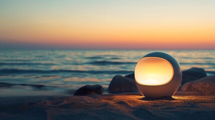 Wall Mural - A blank designer lamp on the shore at twilight, its light softly illuminating the nearby sand while the dusk sky fades in the background, merging technology with natural beauty.