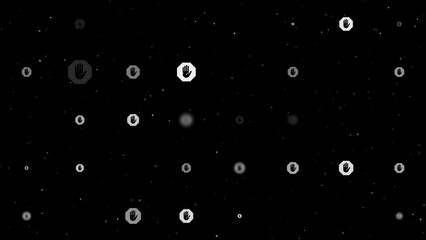 Poster - Template animation of evenly spaced stop hand symbols of different sizes and opacity. Animation of transparency and size. Seamless looped 4k animation on black background with stars