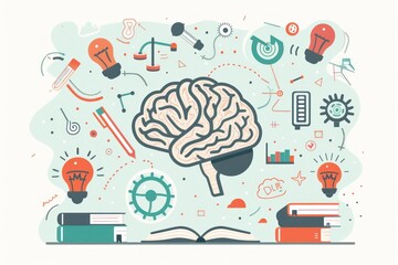 Illustration of a brain with educational icons like books, gears, and lightbulbs surrounding it