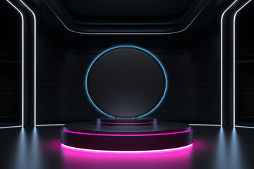 A futuristic scene with a black pedestal hosting a vibrant neon modern stand podium, set against an empty exhibition stage in a clean white room.