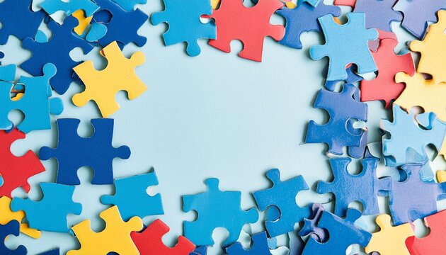 Blue, yellow, red pieces of puzzle frame on light blue puzzle background with copy space for text. World autism awareness day concept. Top view