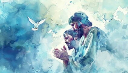 Watercolor Painting of Jesus and His Father with Dove - Spiritual Christian Art