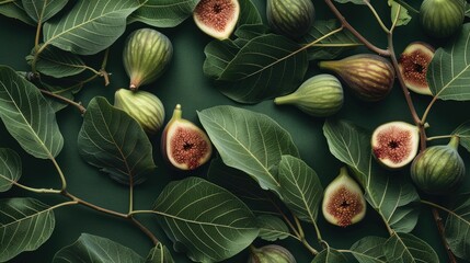 Poster - Ripe figs and leaves against green backdrop