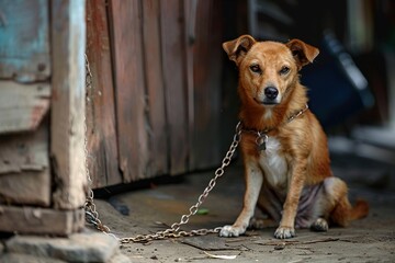 Wall Mural - an abused dog chained and alone sits outside its house