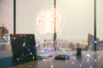 Aufkleber - Creative light bulb with human brain hologram and modern desk with computer on background, artificial Intelligence and neural networks concept. Multiexposure