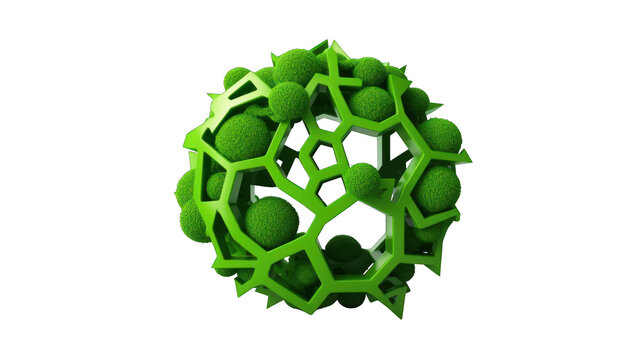 Green abstract 3D geometric shape with spherical elements, isolated on a white background, perfect for modern design and futuristic concepts.