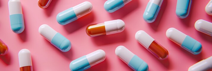 a group of pills on a pink surface