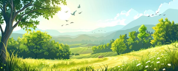 Illustration of a peaceful meadow with rabbits hopping around.