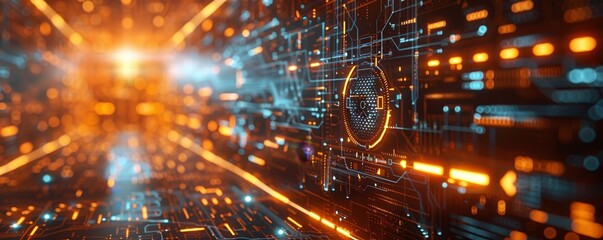 Poster - Futuristic digital technology background with metallic textures and glowing elements.