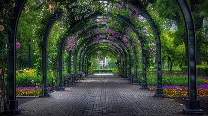 Naklejka na meble Beautiful rose garden with arches and walkways, full of blooming roses in various colors. Blooming flowers, green leaves, clear sky, people walking along the path, natural scenery.