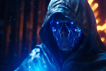 Man with glowing blue eyes and hood on holding glowing blue object.