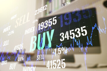 Poster - Double exposure of abstract creative financial diagram and modern desk with computer on background, banking and accounting concept