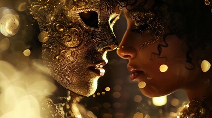 Sticker - An enigmatic masquerade ball in 'Shadowdance Chronicles', capturing the interplay of light and shadow in a narrative form, in mask gold and ballroom black