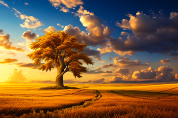 Wall Mural - Image of tree in field with sunset in the background.