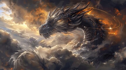 An epic dragon in the clouds, dark, foreboding colors, hyperrealistic animal illustrations, glistening, energy filled illustrations, dark gray and dark amber, mystical portraits